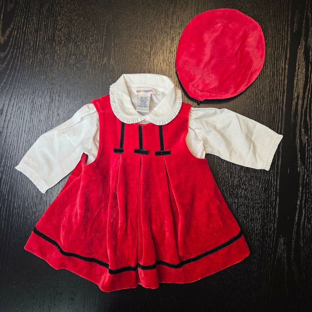 Vintage 1998 Gymboree Red Velvet Dress Set Beret Hat Blouse Infant 6-12 Months